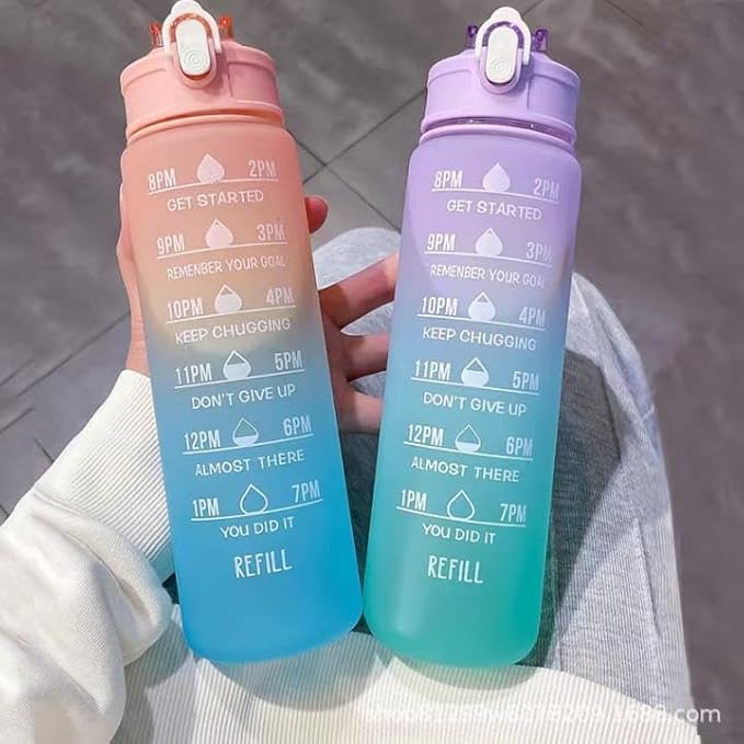 Generic Drinking Water Bottles Fitness Sports With Time Marker, 900 ml, Multiple Colors, Motivational Drinking Bottles (Purple+Blue), XH-2081