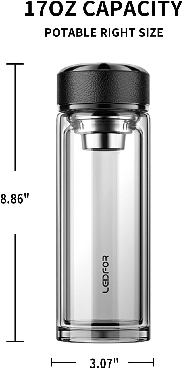 Tea Tumbler with Infuser - BPA Free Double Wall Glass Travel Tea Mug With Stainless Steel Filter - Leakproof Tea Bottle with Strainer for Loose Leaf Tea and Fruit Water 17 oz (Clear)