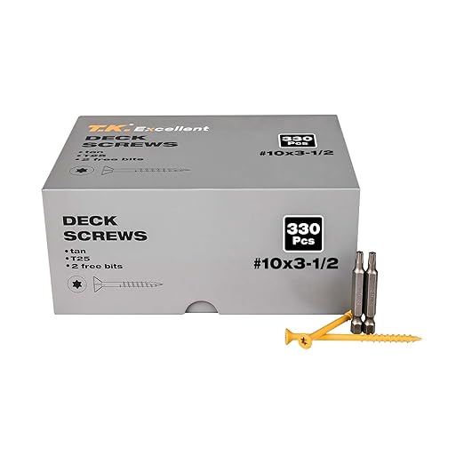 T.K.Excellent Deck Screws 3-1/2 Inch Wood Screws #10 x 3-1/2, 330 Pcs, Rust Resistant Structural Fence Screws Torx Drive Screw, Two T25 Bits, Brilliant Yellow Ruspert Coating Rust Proof
