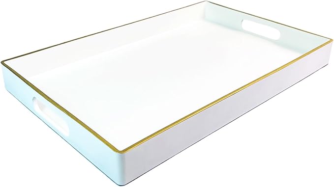 Large White Rectangular Decorative Tray – Plastic Serving Tray with Handles for Coffee Table, Ottoman, Living Room, 15.7” x 11.8” x 1.6