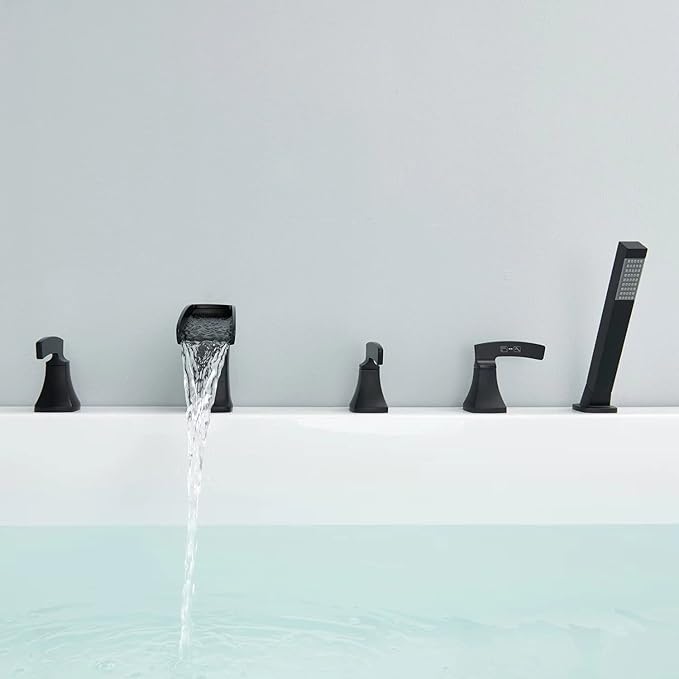 Roman Tub Faucet Waterfall Bathtub Faucet Black Deck Mount Tub Filler 5 Hole Brass Bathroom Faucets with Hand Shower