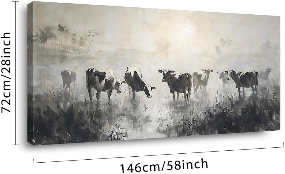 LASMOND Black and White Cow Wall Art for Living Room Ink Wash Canvas Painting Prints Morning Cattle Vintage Country Farmhouse Artwork Bedroom Office Decor (58x28 Inches)