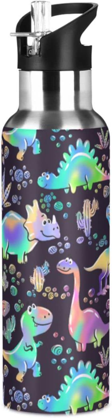 senya 34 Oz Water Bottle with Straw Rainbow Dinosaurs Stainless Steel Water Bottle for Traveling Sports Leakproof Insulated Water Bottle