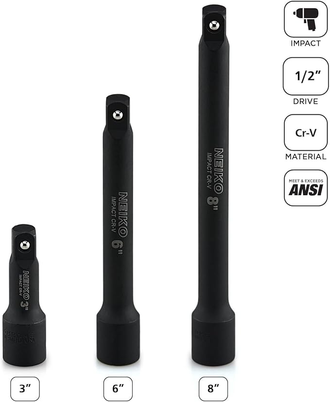 NEIKO 00237A 1/2-Inch-Drive Impact Extension-Bar Set, Made with CrV Steel, 3-Inch, 6-Inch, and 8-Inch Sizes, 3-Piece Set