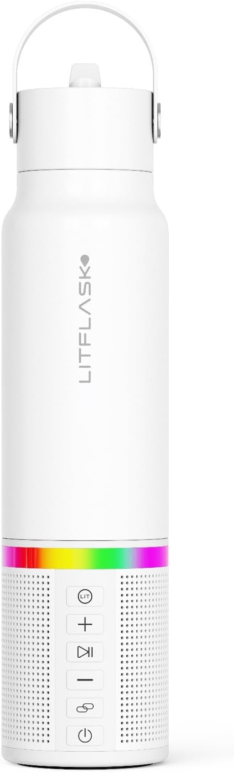 Smart Water Bottle with Premium Bluetooth Speaker, Portable Charger, LED Light, Hands-Free Mic, Insulated Stainless Steel, Straw Lid, BPA-Free, 20oz - Mix & Match Colorways