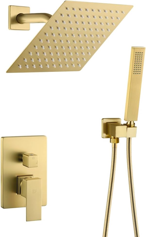 POP SANITARYWARE Brushed Gold Shower Faucet Set Complete Bathroom Rainfall Shower Fixture Wall Mounted 8 Inch Shower Head System and Handle Set with Rough-in Valve Body and Trim Kit