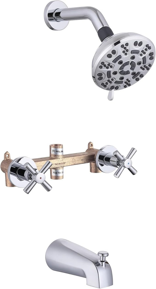 2 Handles Shower Faucet Set with Tub Spout Bathtub Shower Faucet Combo Set Shower System Complete Tub and Shower Trim Kit Wall Mounted Shower Fixtures Chrome