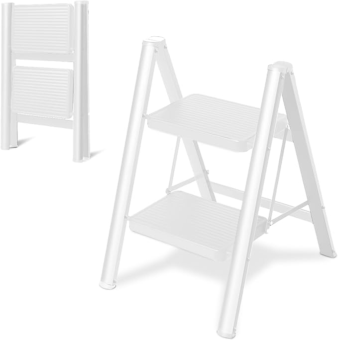 Double Elite Step Ladder 2 Step Folding, Sturdy 330 Lbs Load Step Stool for Adults, Safer Full Steel Kitchen Closet Ladder for Home, Multi-use Small Step Stool Ladder with Anti-Slip Wide Pedals, White
