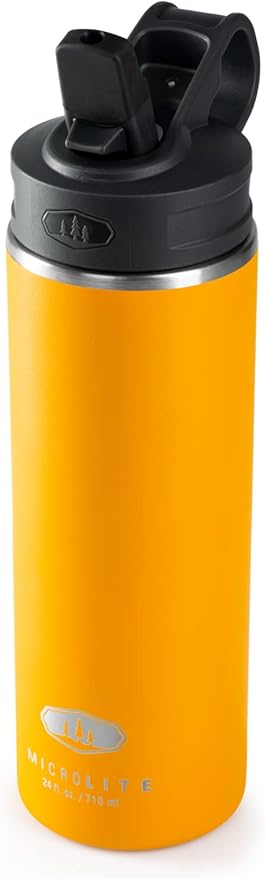 GSI Outdoors, Microlite Water Bottle with Straw Lid, Vacuum-Insulated Stainless Steel, for Camping, 24 oz. Mineral Yellow