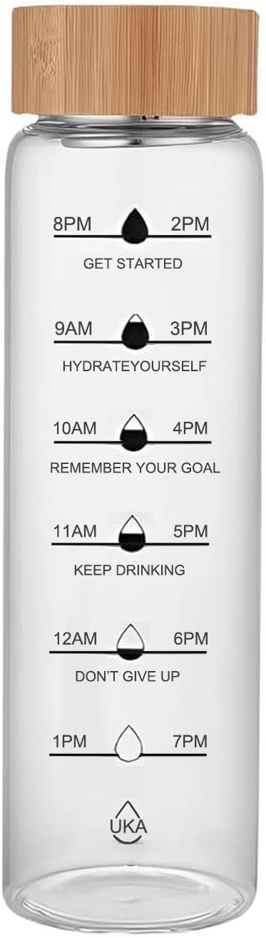 36oz Glass Water Bottle with Time Marker, Leak-Proof,With stainless steel tea strainer, BPA-Free Reusable Hot and Cold Beverages for Office, Gym, Travel