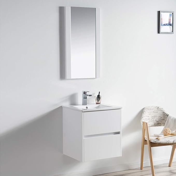 Blossom Valencia 20" Inches Single Bathroom Vanity with Ceramic Sink and Mirror, Glossy White All Wood Floating Bathroom Vanity with Sink, Mirror 016 20 01 M