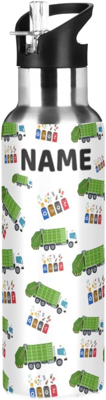 Garbage Truck Trash Recycling Stainless Steel Water Bottle with Straw Lid - 20 Oz Sports Insulated Water Bottle Thermos for Sport Gym Outdoor Travel School