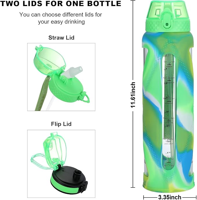 GOPPUS Glass Water Bottles with Straw and Flip Lid, Motivational Water Bottles with Time Marker Reminder and Silicone Sleeve, Leakproof, BPA Free (32 oz, Green Blue and White)