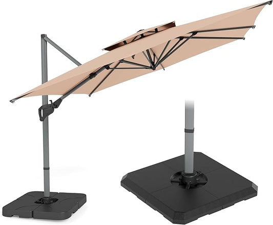 PHI VILLA 10ft Patio Cantilever Umbrella With Base, 360° Rotation & Infinite Tilt Aluminum Square Double Top Outdoor Offset Umbrella, Heavy Duty for Garden Poolside Backyard, Beige