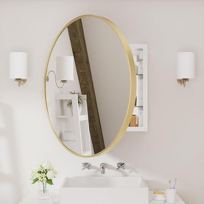 WallBeyond Bathroom Medicine Cabinet with Mirror, 24 Inch Gold Round Mirror Medicine Mabinet Wall Mounted with Aluminum Alloy Metal Framed, Surface Mount Medicine Cabinet with Storage