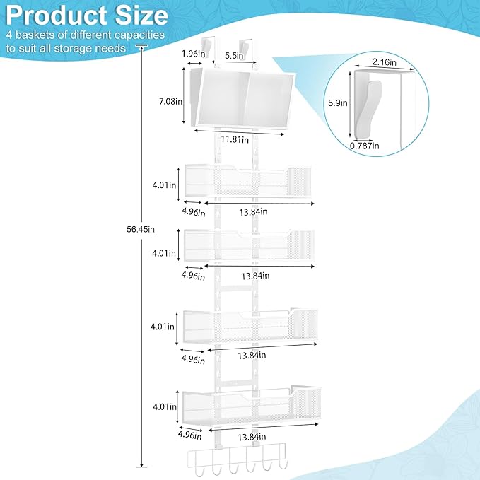 Adjustable Over The Door Organizer, Hanging Door Storage with PVC Pocket and 4 Metal Baskets Wall Mount, Closet Door Organizer Behind Door Rack for Bathroom Bedroom Closet, White