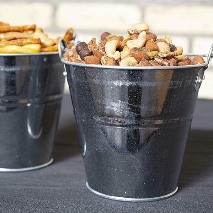 Galvanized Metal Buckets with Chalkboard Stickers and 5.5" Mini Plastic Kitchen Scoops - Set of 6