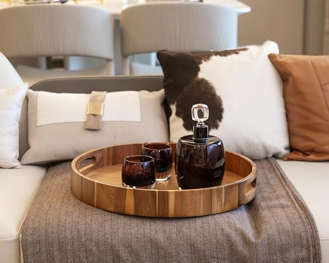 Round Wood Serving Trays Set of 2, Ottoman Tray Rustic Acacia Wooden Trays with Handles, Nesting Circle Tray with 4 Coasters for Coffee Table Living Room Bathroom Bedroom Party