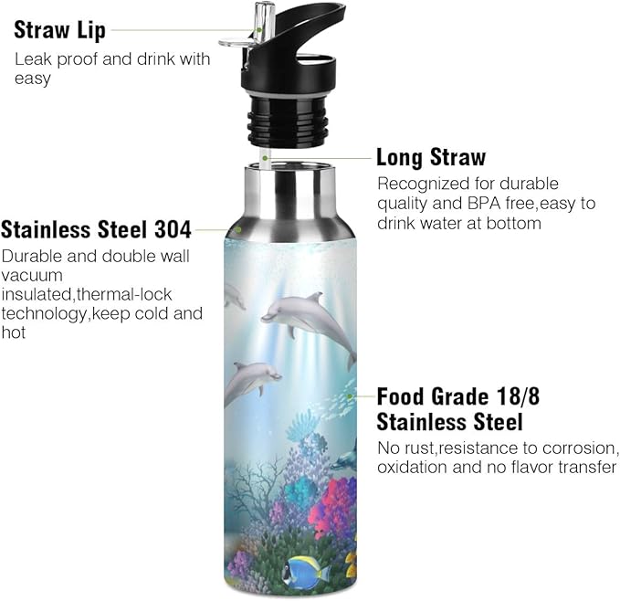 Underwater World Of Dolphins Sports Water Bottle, 22 Oz BPA Free Non-Toxic Stainless Steel Water Bottle with Straw for Gym Yoga Fitness Camping