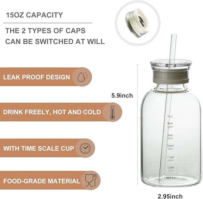 Glass water bottle With Time Marker -15oz with 2 caps and straw,Reusable Glass Drinking Bottles，Suitable For Drinks, Juices, Sodas, Coke, As Gifts Etc (15oz)