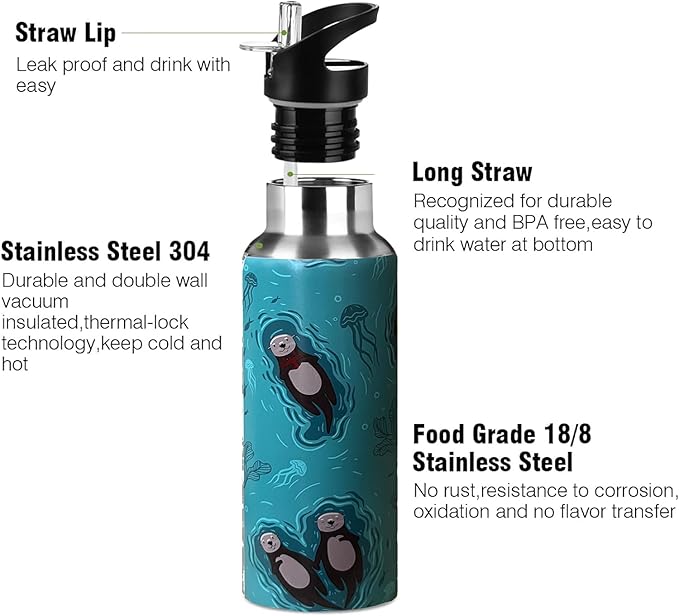 Cute Sea Otter Animal Sport Water Bottle with Straw, Vacuum Insulated Stainless Steel Thermal Drinking Travel Mug Cups For Gym Fitness Camping-20oz/600ml, Green