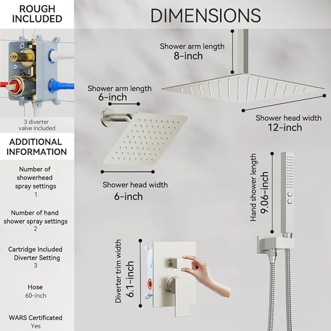 Rain Shower System Brushed Nickel,STARBATH Ceiling Mount 12'' Rain Shower Head and 6'' Rainfall Shower with Handheld Spray, 3 Way Shower Valve with 5 Diverter and Trim Kit Shower Faucet Set