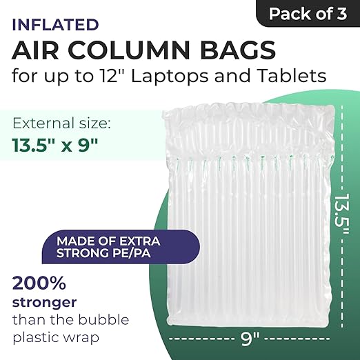 IDL Packaging Inflated 12" Laptop and Tablet Protective Bags, Self Sealed, Pack of 3 - Reusable Air Column Bags for Packing, Travel and Shipping - Durable Case for Laptops and Tablets