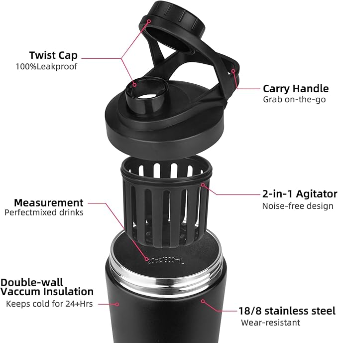 24 oz Shaker Bottle,Stainless Steel Shaker Bottle with Noise-Free Design,Insulated Metal Shakers Bottles Cup for Protein Mixes and Pre Workout,Gym Shaker Bottle(Black)