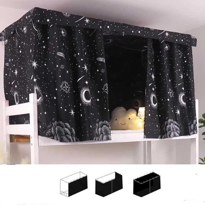 HAOZAIKEJI Student Bunk Bed Curtains Dormitory Blackout Bed Drapes for Loft Bed Milky Way Moon Curtain for Bed Frame Dustproof Decorative Shading Canopy for Bottom Bunk Bed