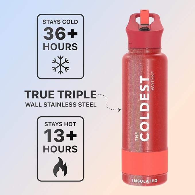 Coldest Sports Water Bottle with Straw Lid Vacuum Insulated Stainless Steel Metal Thermos Bottles Reusable Leak Proof Flask for Sports Gym (40 oz, Mars Red Glitter)