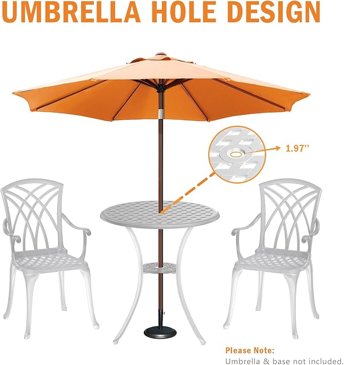 Patio Bistro Set 3 Piece, Cast Aluminum Bistro Set for 2 w/Umbrella Hole, Outdoor Table and Chairs Set of 2, Bistro Set for Balcony/Backyard/Garden, White