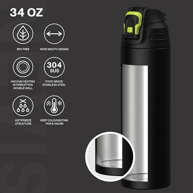 Insulated Sports Water Bottle, Stainless Steel Water Bottles with Locking Flip Top Lid, Insulated Bottle with Double-Wall Vacuum Insulation for Fitness and Outdoor Enthusiasts