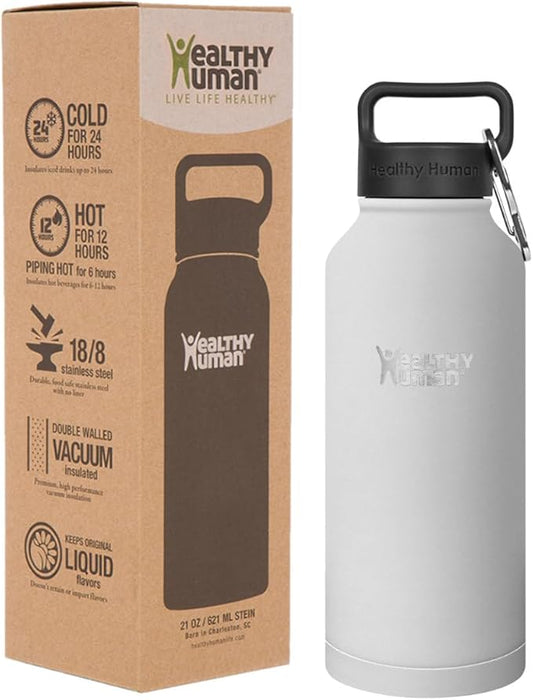 Healthy Human Stainless Steel Water Bottle | Double Walled Vacuum Insulated Water Thermos for Adults | Eco-Friendly Travel Bottles with Leak Proof Lid (Pure White, 32 oz/ 946 ML)