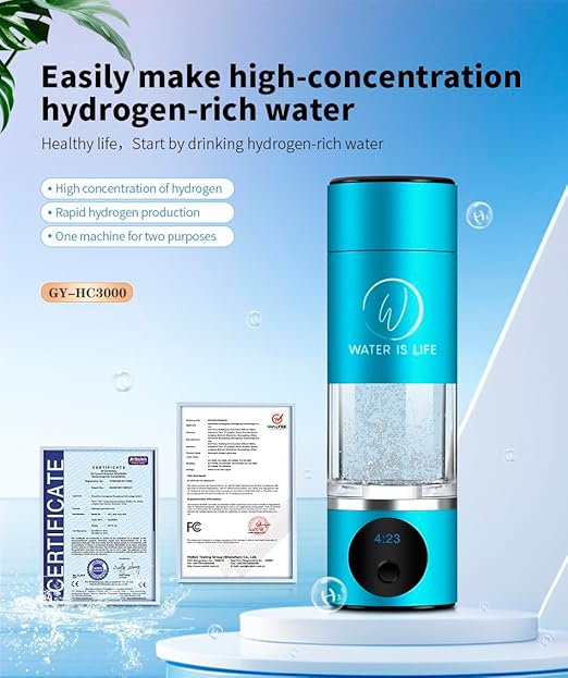 Premium Waterproof Hydrogen Water Ionizer Bottle with LED Light, Magnetic Charging Port, 6000 ppb Hydrogen Content, SPE Electrolysis Technology, Bottom Vent to Discharge Gases. (Grey)