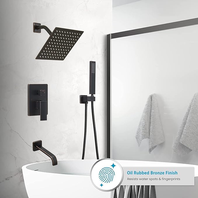 Oil Rubbed Bronze Shower Faucet Set with Tub Spout Bathroom Rainfall 8 Inch Shower Head System with Handheld Single Handle Shower Trim Kit with Rough-in Valve