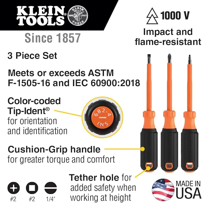 Klein Tools 85073INS Insulated Screwdriver Set, Made in USA, features 1000V Phillips, Slotted and Square Tips, Cushion Grip Handles, 3-Piece