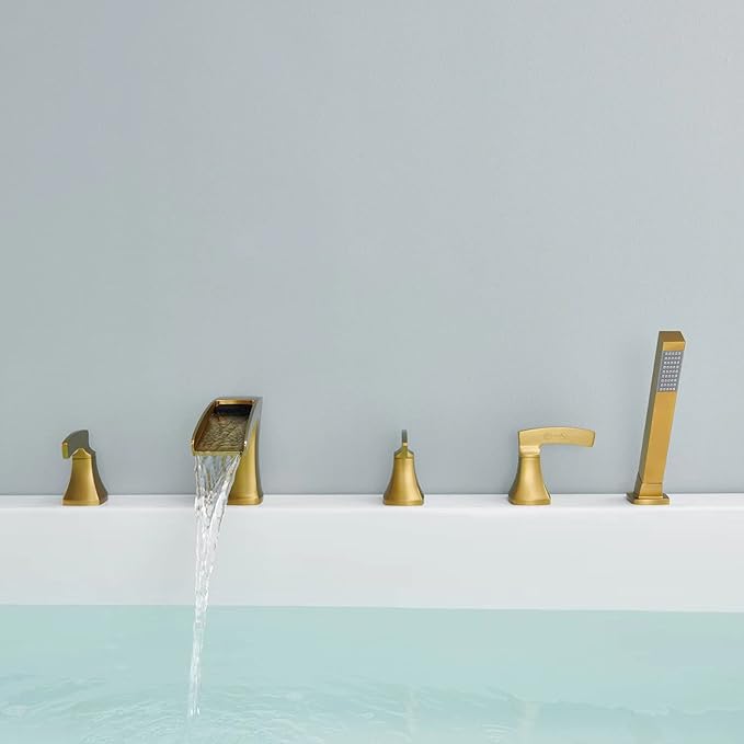 Roman Tub Faucet Waterfall Tub Filler Brushed Gold Deck Mount Bathtub Faucets 5 Hole Brass Bathroom Faucets with Hand Shower