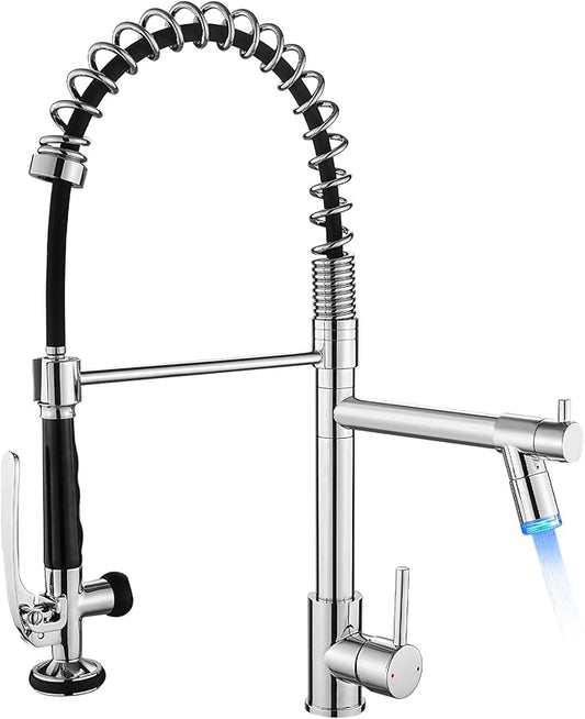 Fapully Kitchen Faucet with Pull Down Sprayer,Commercial Single Handle Kitchen Sink Faucet with LED Light Chrome