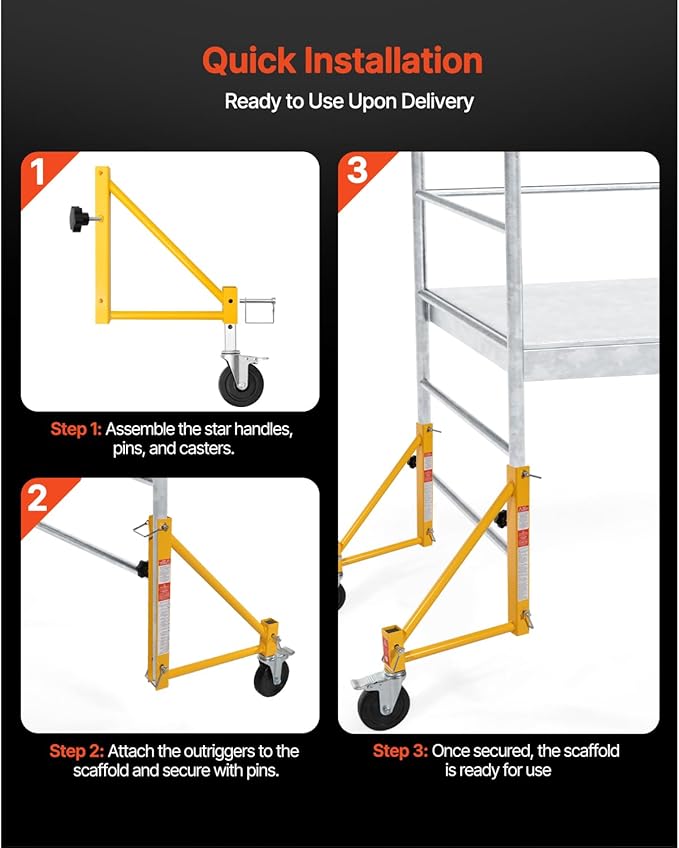 VEVOR 4-Pack Scaffold Outriggers, 1000 lbs Total Load Capacity Baker-Style Scaffolding Accessory with Swivel Casters, Carbon Steel Scaffold Wheel System with Rust Proof Galvanized Surface, Yellow
