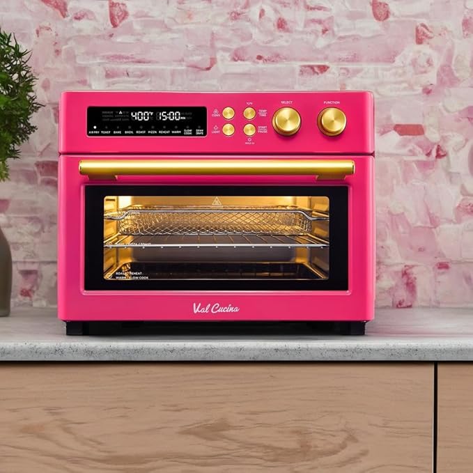 VAL CUCINA Limited Edition Happy Pink Infrared Heating Air Fryer Toaster Oven, Extra Large Countertop Convection Oven 10-in-1 Combo, 6-Slice Toast, Enamel Baking Pan Easy Clean with Recipe Book