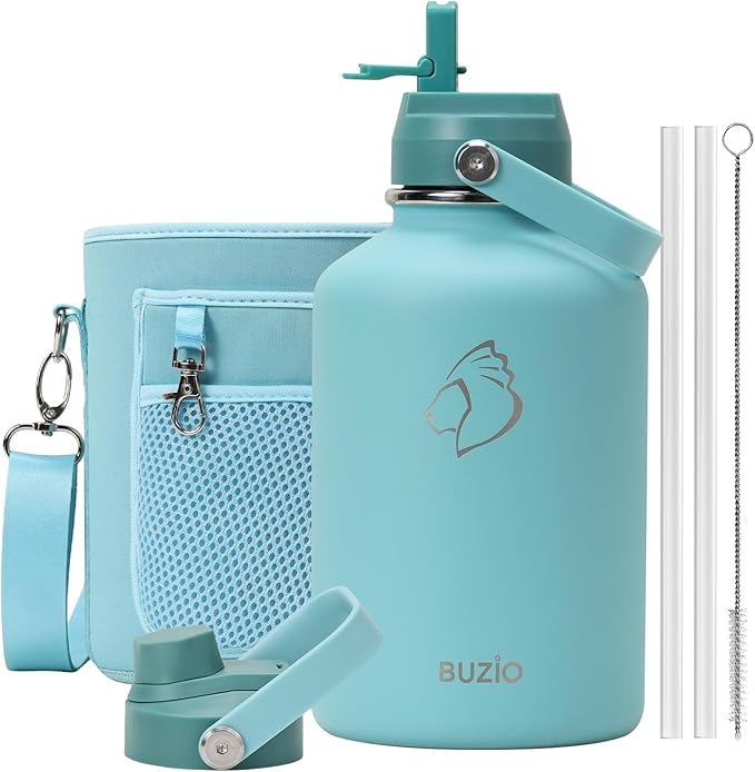 64 oz Insulated Water Bottle BUZIO Half Gallon Stainless Steel Water Jug with Carrying Pouch and Straw Lid, Keep Cold 48h Lead-Free Double Wall Vacuum Sports Flask Metal Canteen for Gym Camping, Green