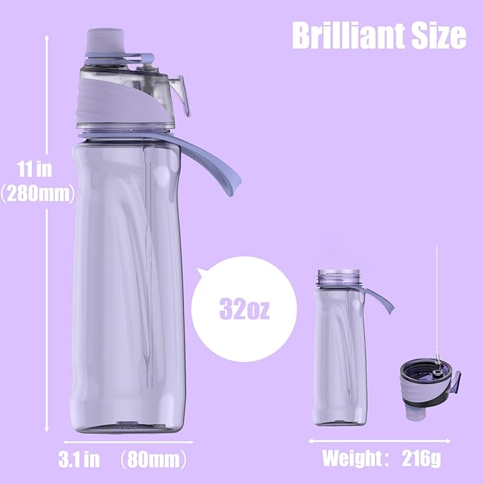 FEIJIAN Mist Water Bottle,32oz Sports Water Bottle with 2-IN-1 Mist & Sip Function, BPA-Free Plastic Water Bottles, Misting Water Bottle, Leakproof & Lightweight, Ideal for Fitness and Outdoor, Purple
