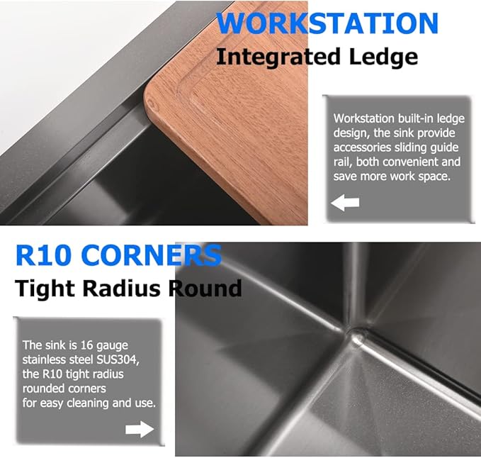 Black Kitchen Sink Undermount, 32x19 Inch Workstation Black Stainless Steel Undermount Kitchen Sink 16 Gauge Deep Single Bowl