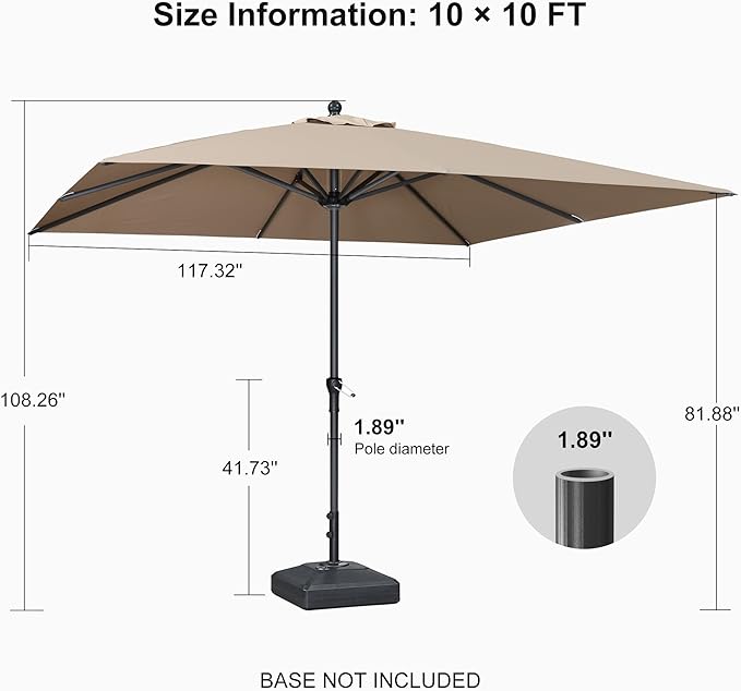 PURPLE LEAF 10' x 10' Square Patio Umbrella Outdoor Table Umbrella Aluminum Frame Market Umbrella Sun Umbrella with 8 Sturdy Ribs for Garden Deck Lawn Pool Taupe