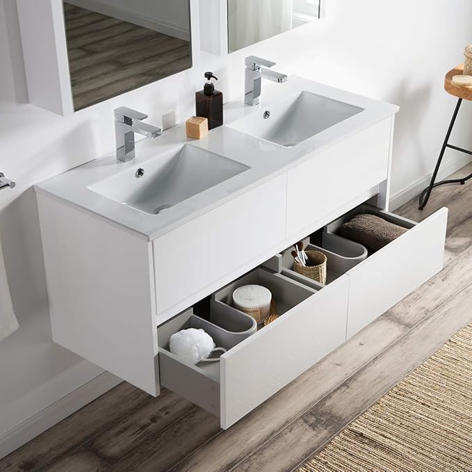 Blossom 48 Inch Bathroom Vanity with Double Ceramic Sinks and Mirror Medicine Cabinet | All Wood Floating Bathroom Vanity Cabinet | 2x2 Soft-Closing U-Shaped Cutout Drawers | 48 Inch, Glossy White