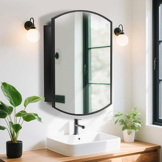 Movo 20 Inch x 31 Inch Black Beveled Arched Aluminum Medicine Cabinet with Mirror, Bathroom Mirror with Storage, Surface Mount or Recess Installation