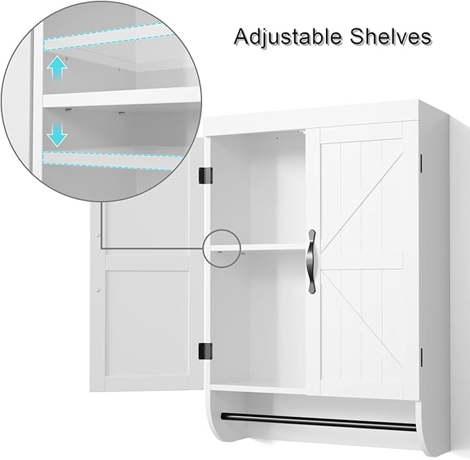 SRIWATANA Bathroom Storage Wall Cabinet Over The Toilet with Adjustable Shelf, Space Saver 2-Door Medicine Cabinet with Metal Bar, White