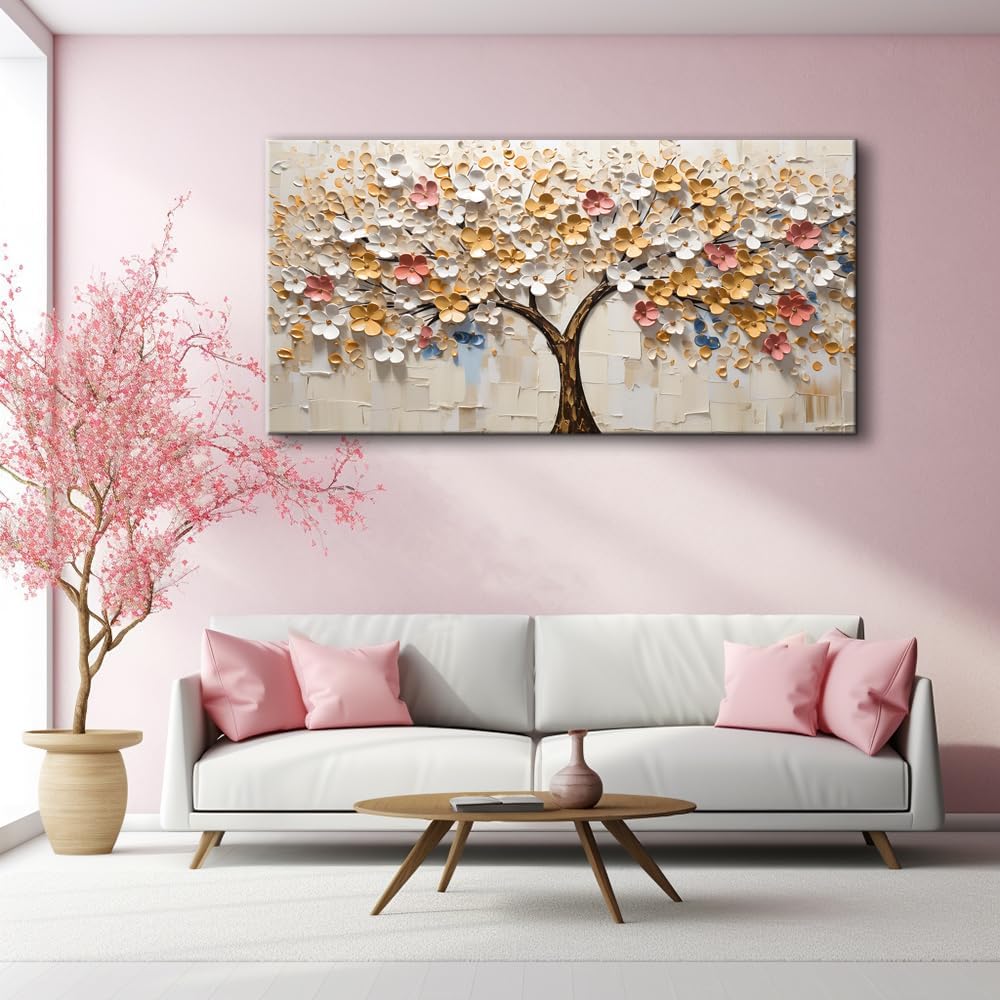 LASMOND White Spring Tree of Life Wall Art Office Decor Living Room Modern Painting Prints Pictures Abstract Floral Flower Nature Canvas Large Landscape Artwork (20x40 Inches)