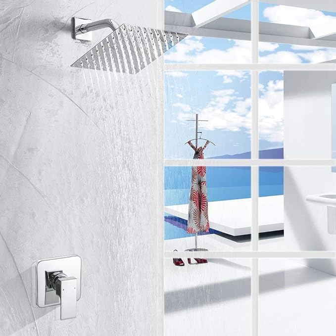 Single Function Shower Trim Kit with Rough-in Valve, Bathroom Rain Shower Set Rainfall Shower Faucet System with Square Stainless Steel Metal Shower Head, Polished Chrome