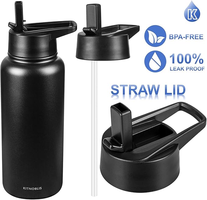 Water Bottle Insulated 32oz Straw Lid, Leak Proof, Vacuum Insulated,Stainless Steel Water Bottle Wide Mouth for Sports, Gym, BPA-Free Keep Cold 24H Hot 12H (BLACK)